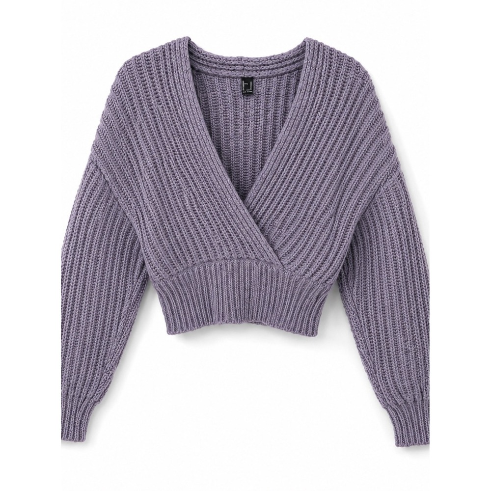 Lavender Chunky Knit Wrap‎ Sweater Cropped Balloon Sleeve Cozy Pullover Medium